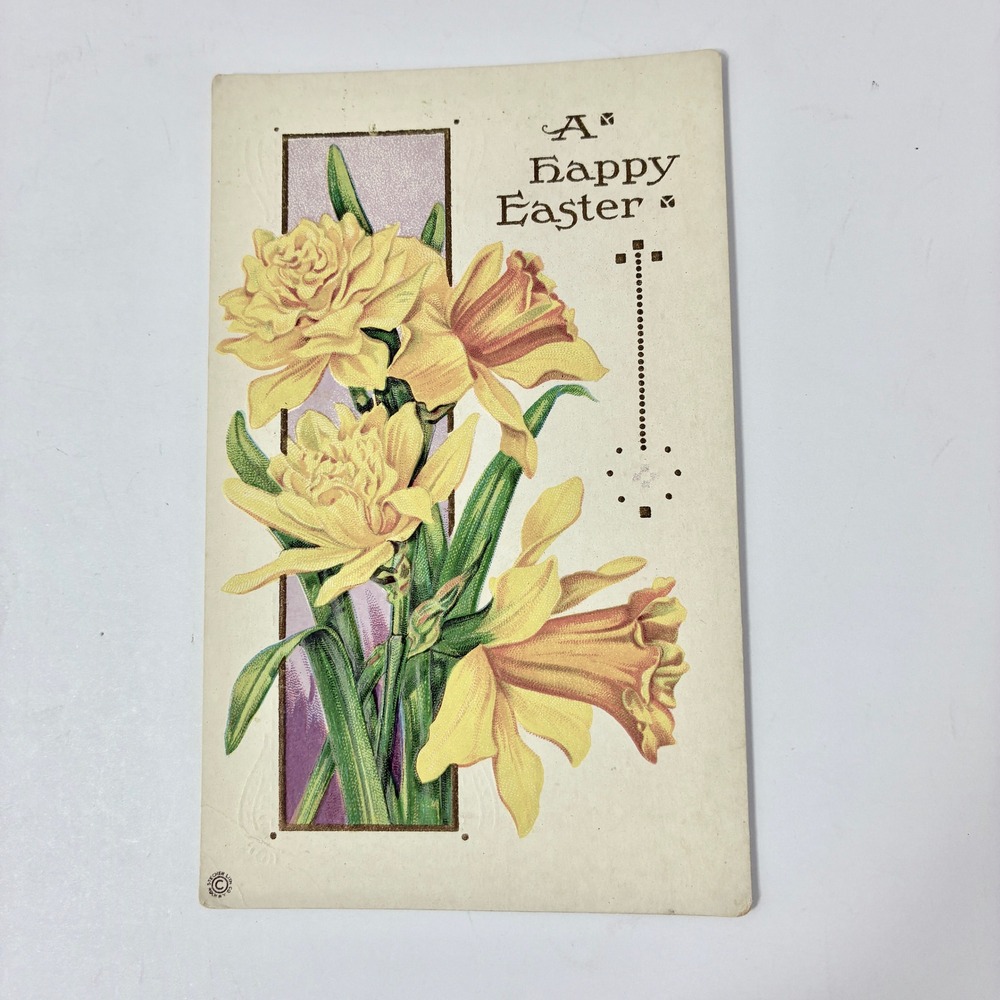 VTG Stecher Litho Co Easter Postcard Yellow Daffodils Embossed Series 75 D